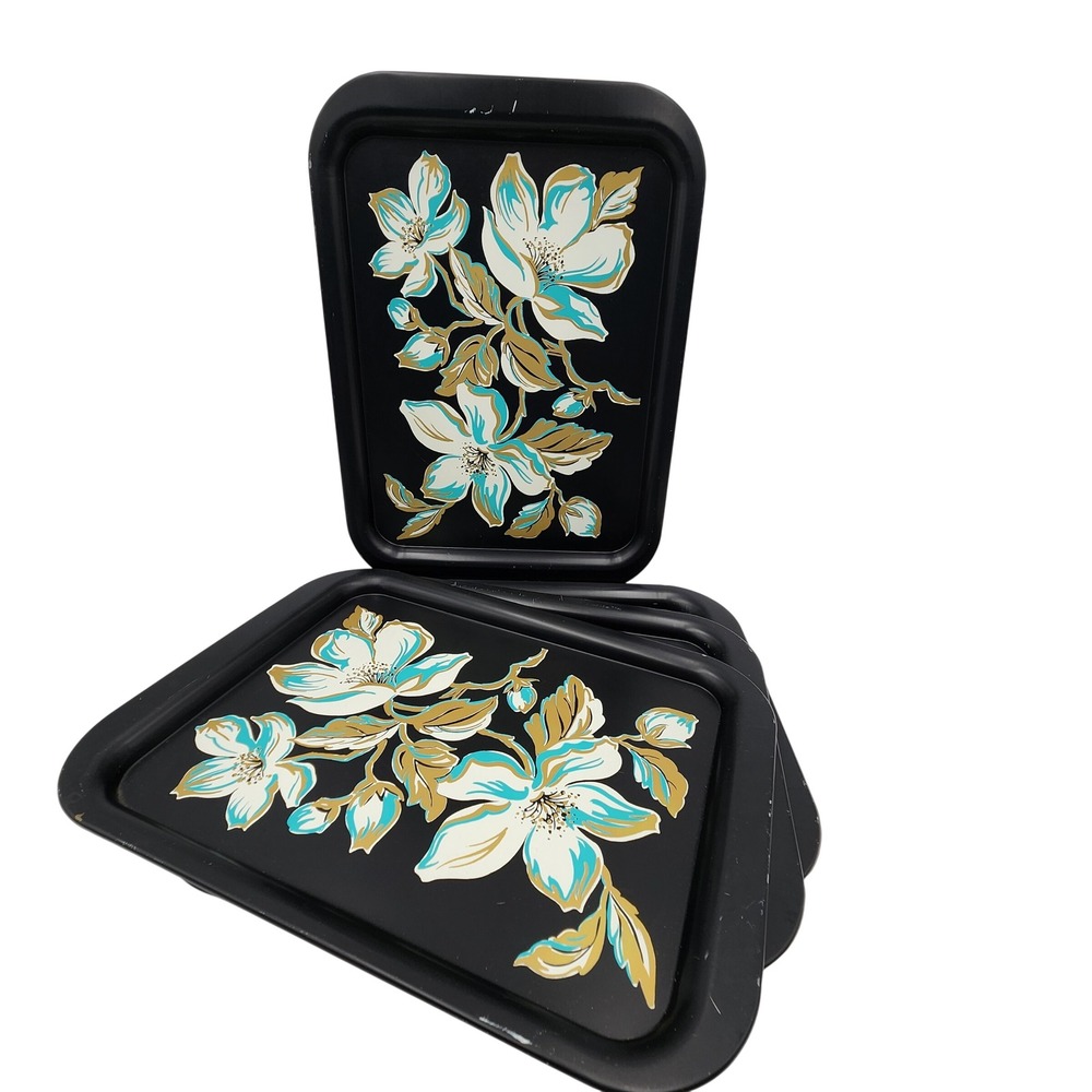 VTG Hollywood Regency Metal TV Trays Set 4 Black Gold Floral Botanical 13x17 MCM